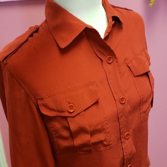 DKNY💕 Orange 100% Silk Shirt Blouse Top - Picture 6 of 9